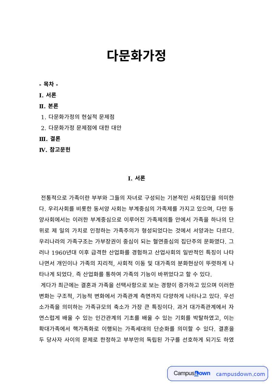 다문화복지 과제 – 다문화가정의 현실적 문제점과 대안 자료의 첫 페이지 미리보기