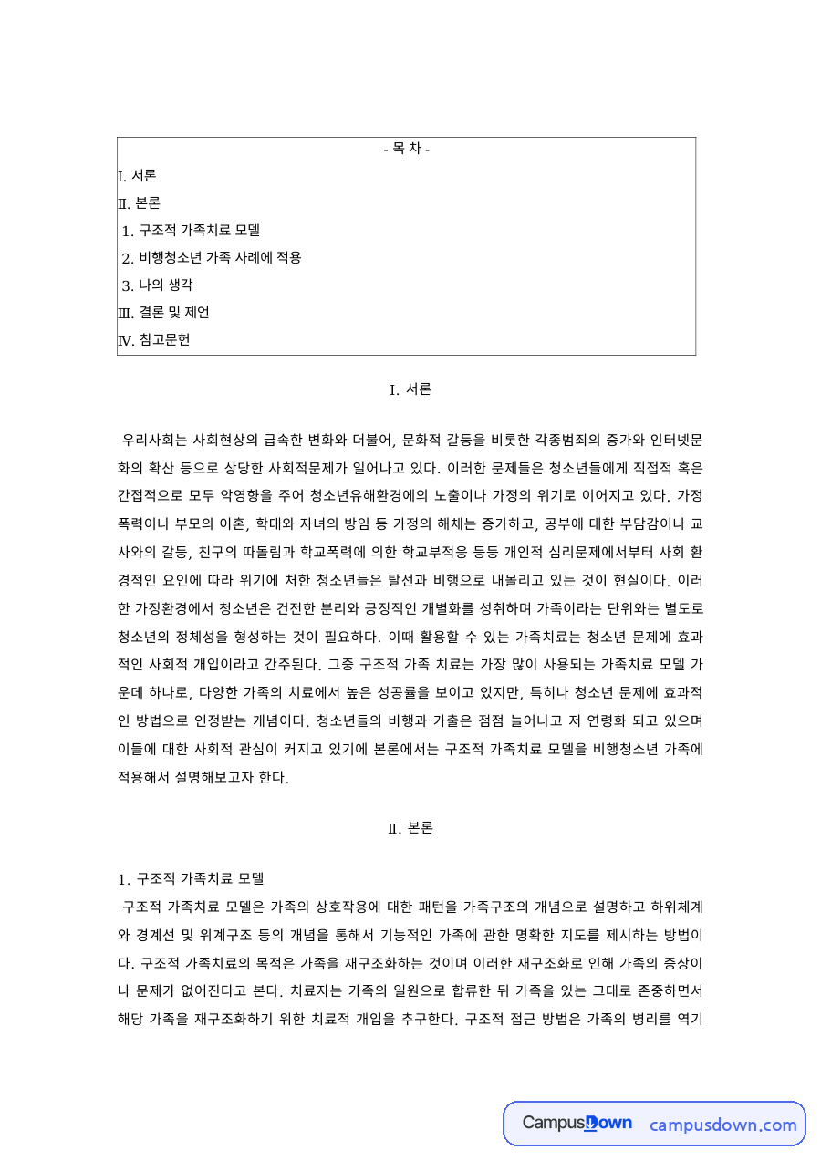 가족상담및치료 과제 – 구조적 가족치료 모델과 비행청소년 가족 사례 적용 자료의 첫 페이지 미리보기