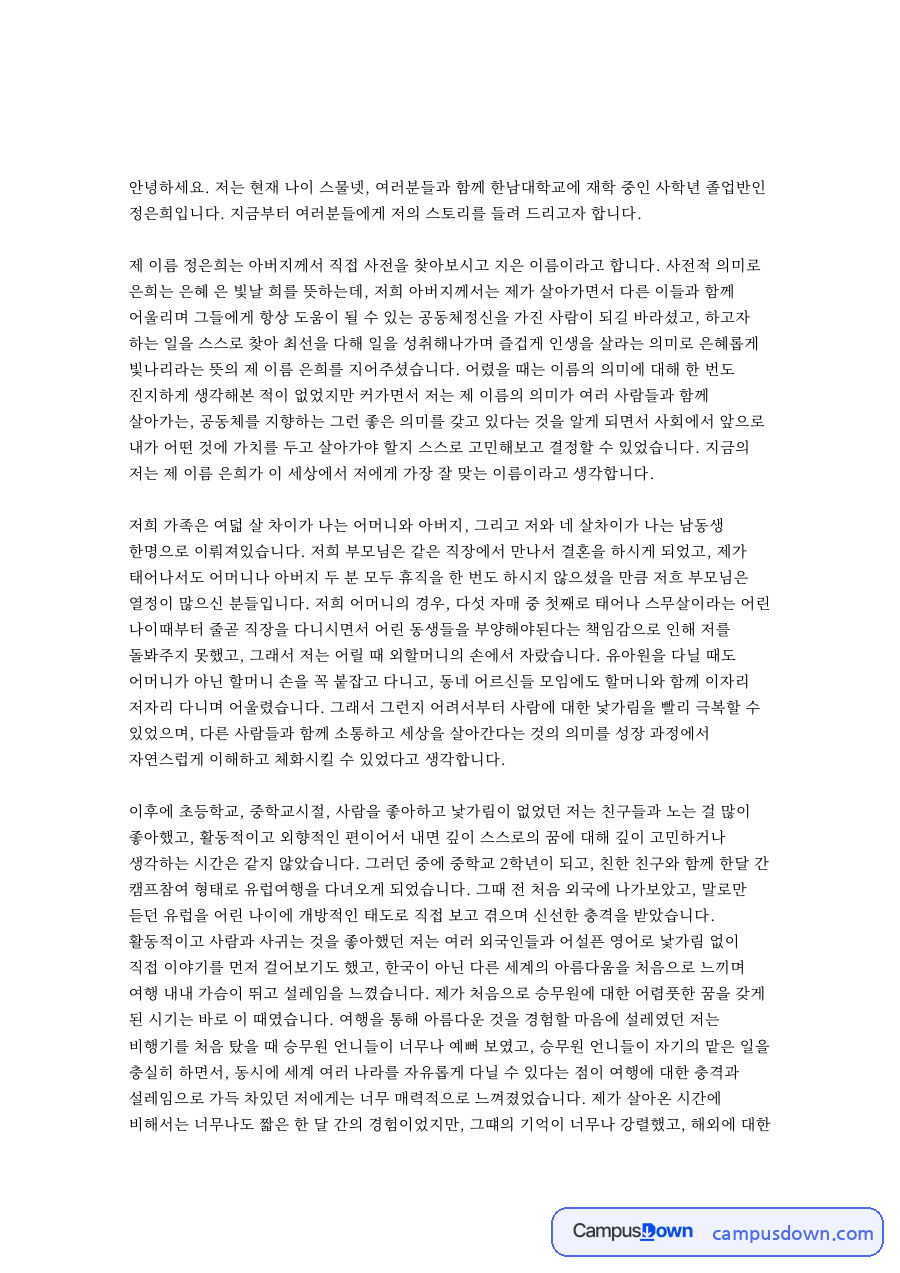 열정과 여행, 승무원 관련 핵심 내용 요약 정리 자료의 첫 페이지 미리보기