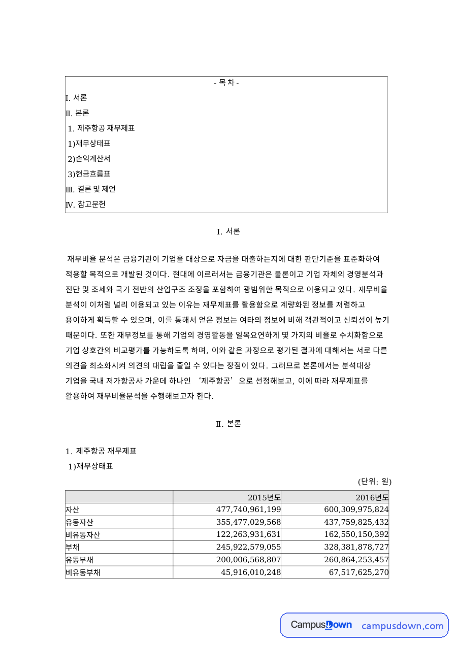 제주항공 재무비율 분석, 유동비율 부채비율 수익성 평가 자료의 첫 페이지 미리보기