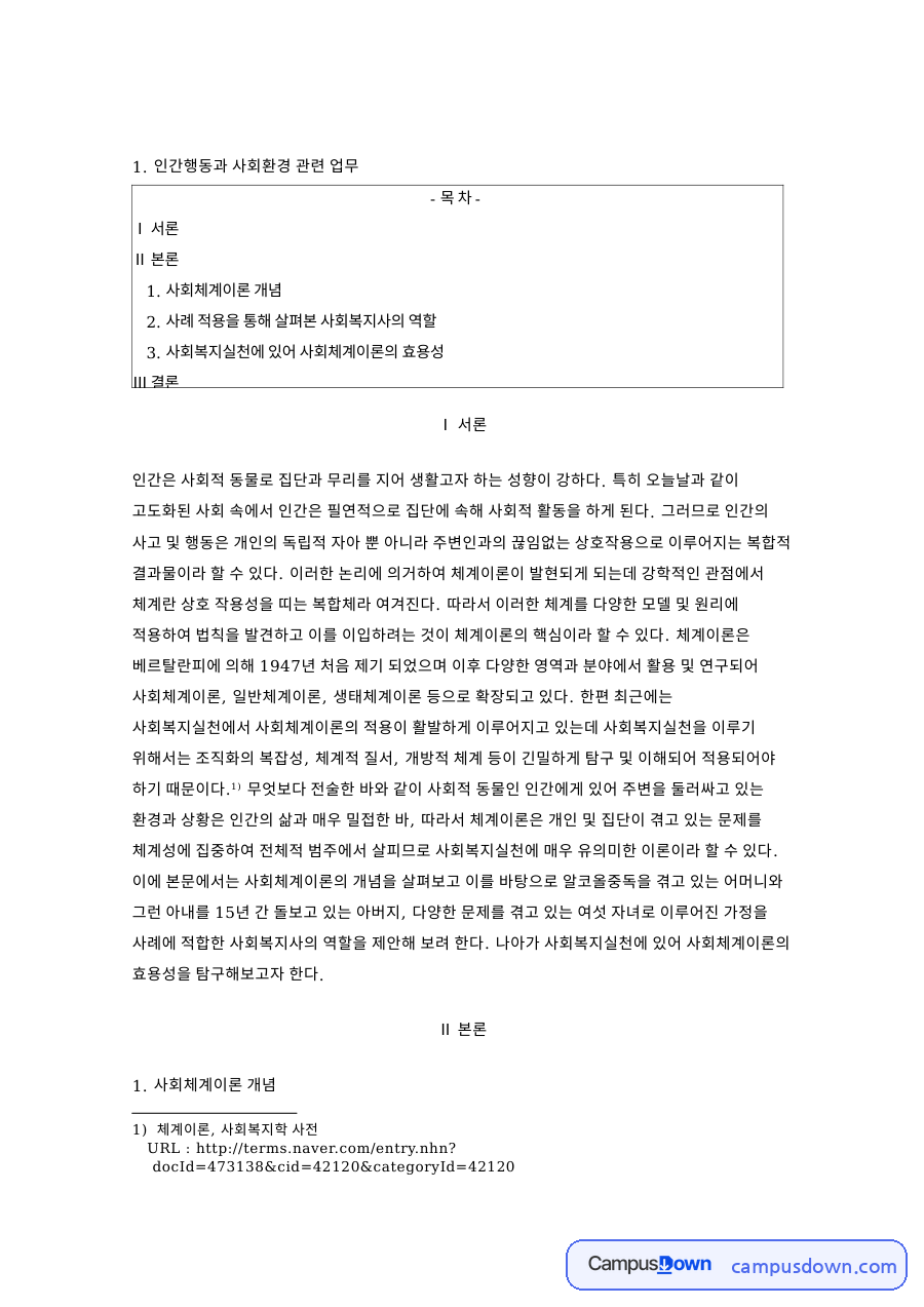 사회체계이론 개념: 사회복지실천·알코올중독 중심 핵심 내용 정리 자료의 첫 페이지 미리보기