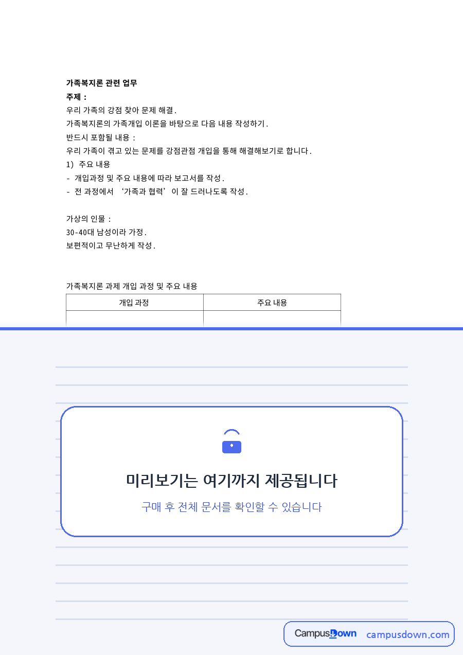 가족복지론과 개입, 주요 관련 핵심 내용 요약 정리 자료의 첫 페이지 미리보기