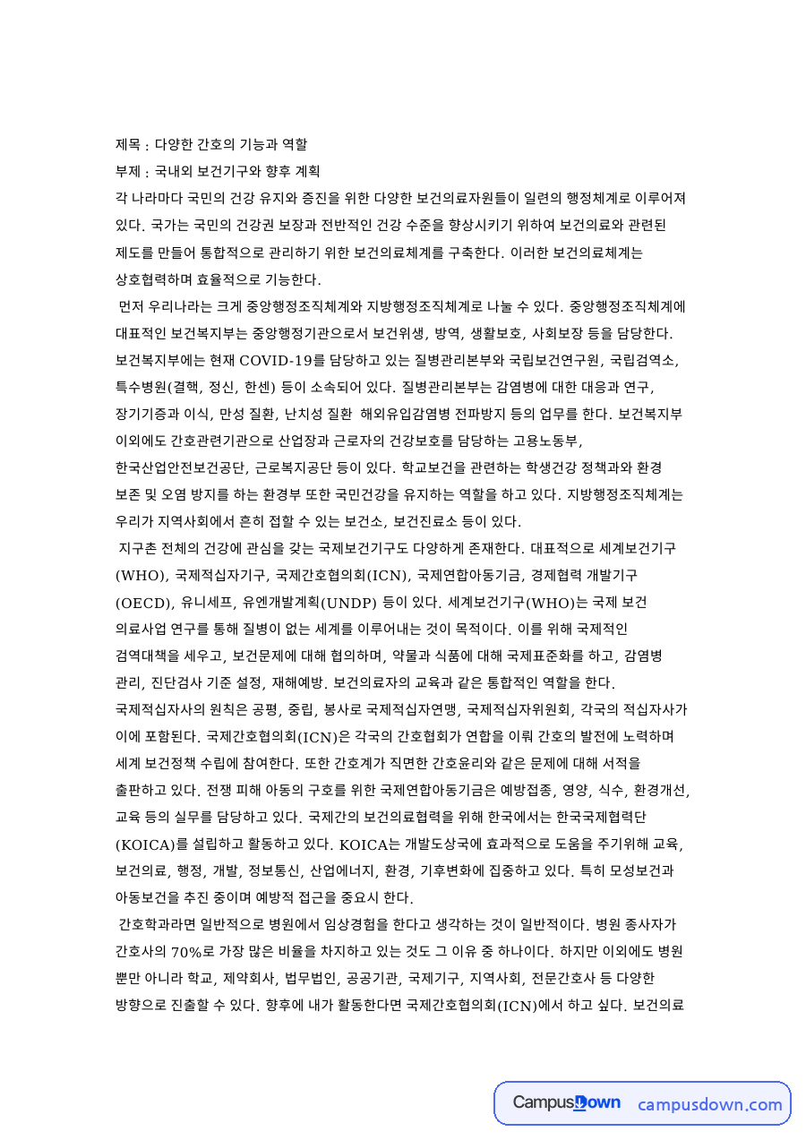 다양한 간호의 기능과 역할 핵심 개념과 주요 내용 정리 자료의 첫 페이지 미리보기