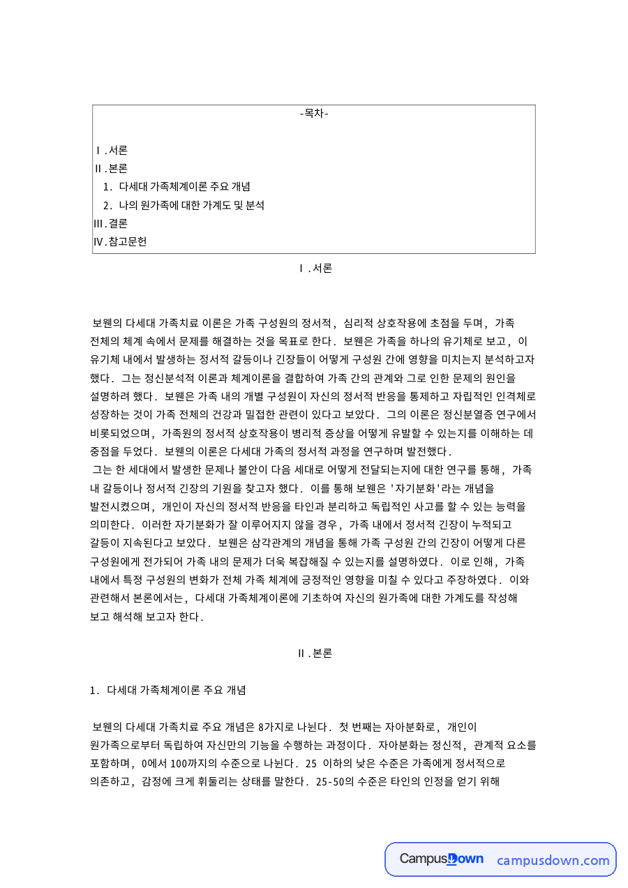 다세대 가족체계이론 주요 개념 자료의 첫 페이지 미리보기