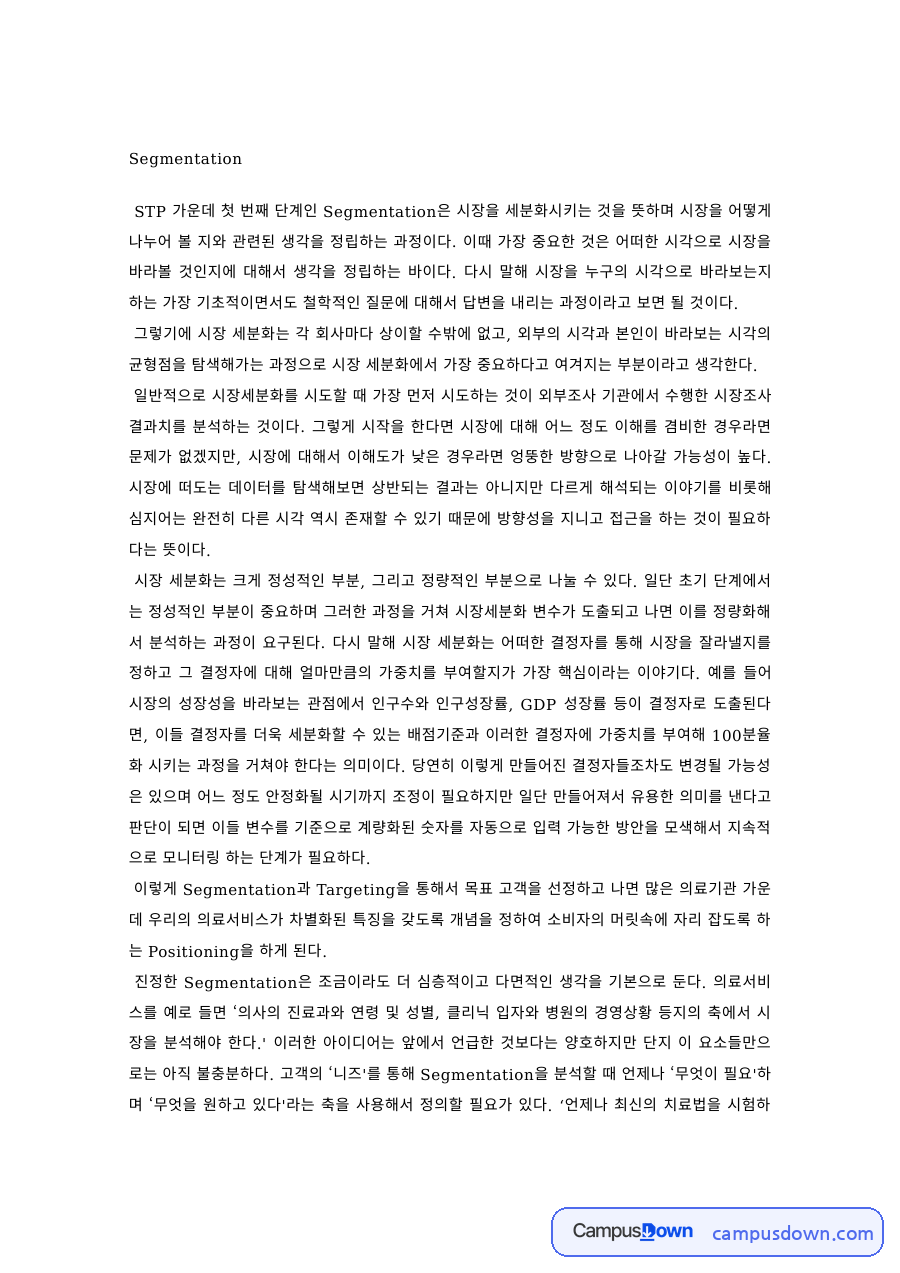마케팅원론 과제 – STP 전략, 시장세분화·표적시장·포지셔닝 평가 자료의 첫 페이지 미리보기