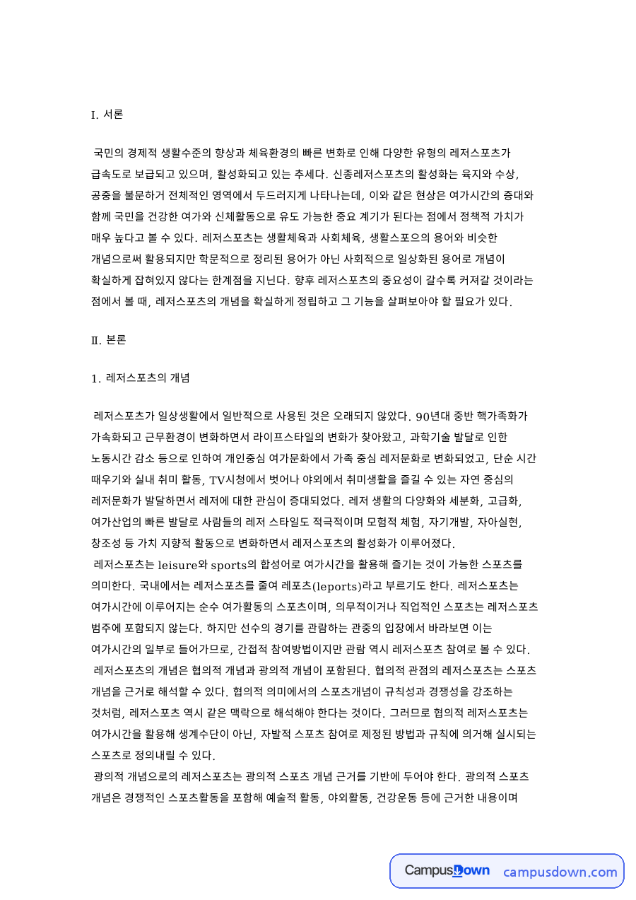 레저스포츠의 개념 자료의 첫 페이지 미리보기