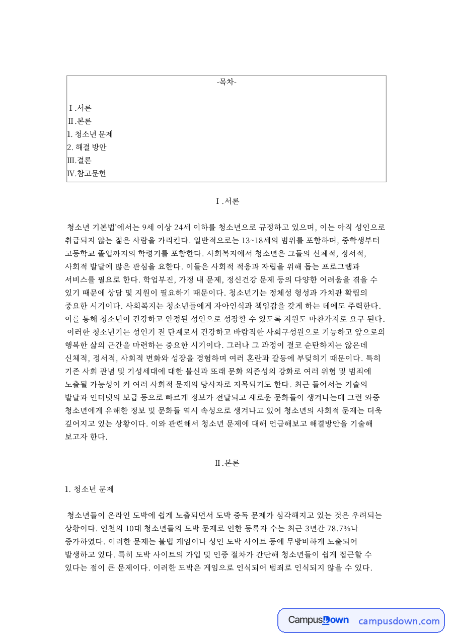 청소년 문제와 해결 방안 자료의 첫 페이지 미리보기