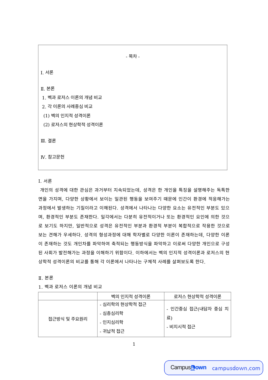 성격심리학 과제 – 벡의 인지적 성격이론과 로저스의 현상학적 성격이론 자료의 첫 페이지 미리보기