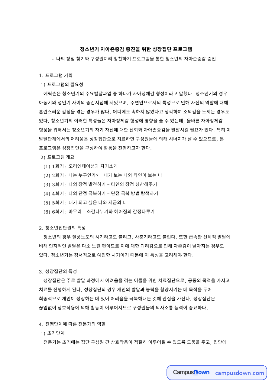 청소년기 자아존중감 증진을 위한 성장집단 프로그램 핵심 내용 요약 정리 자료의 첫 페이지 미리보기