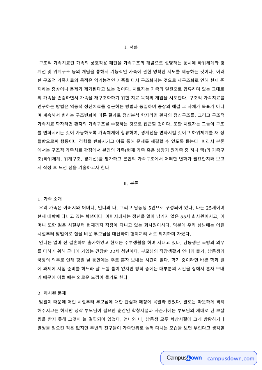 가족치료 과제 – 구조적 가족치료로 본 가족구조 평가 자료의 첫 페이지 미리보기