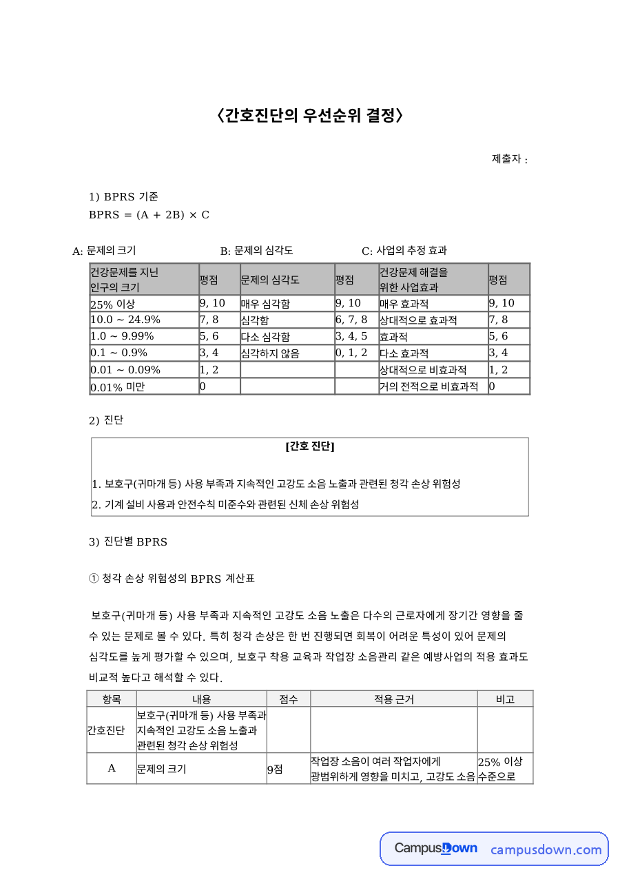산업간호 간호진단 우선순위 결정 BPRS 기준 적용 초안 자료의 첫 페이지 미리보기