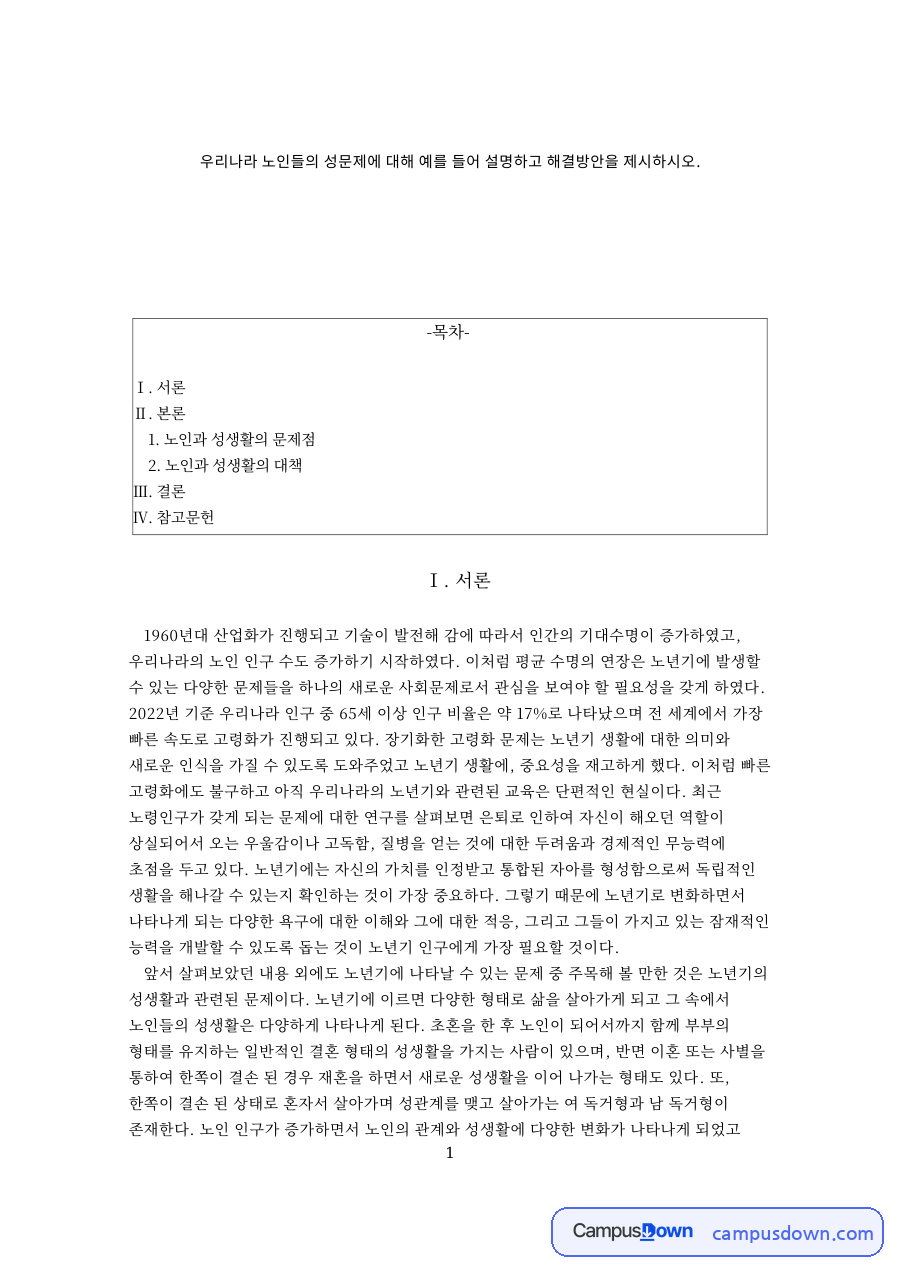 노인과 성생활의 문제점 자료의 첫 페이지 미리보기