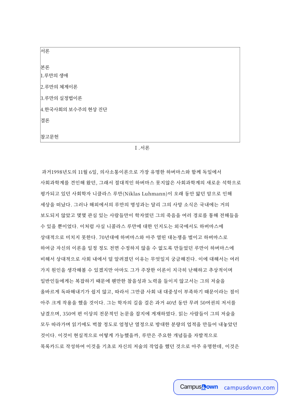루만의 생애: 니클라스·체계이론 중심 핵심 내용 정리 자료의 첫 페이지 미리보기