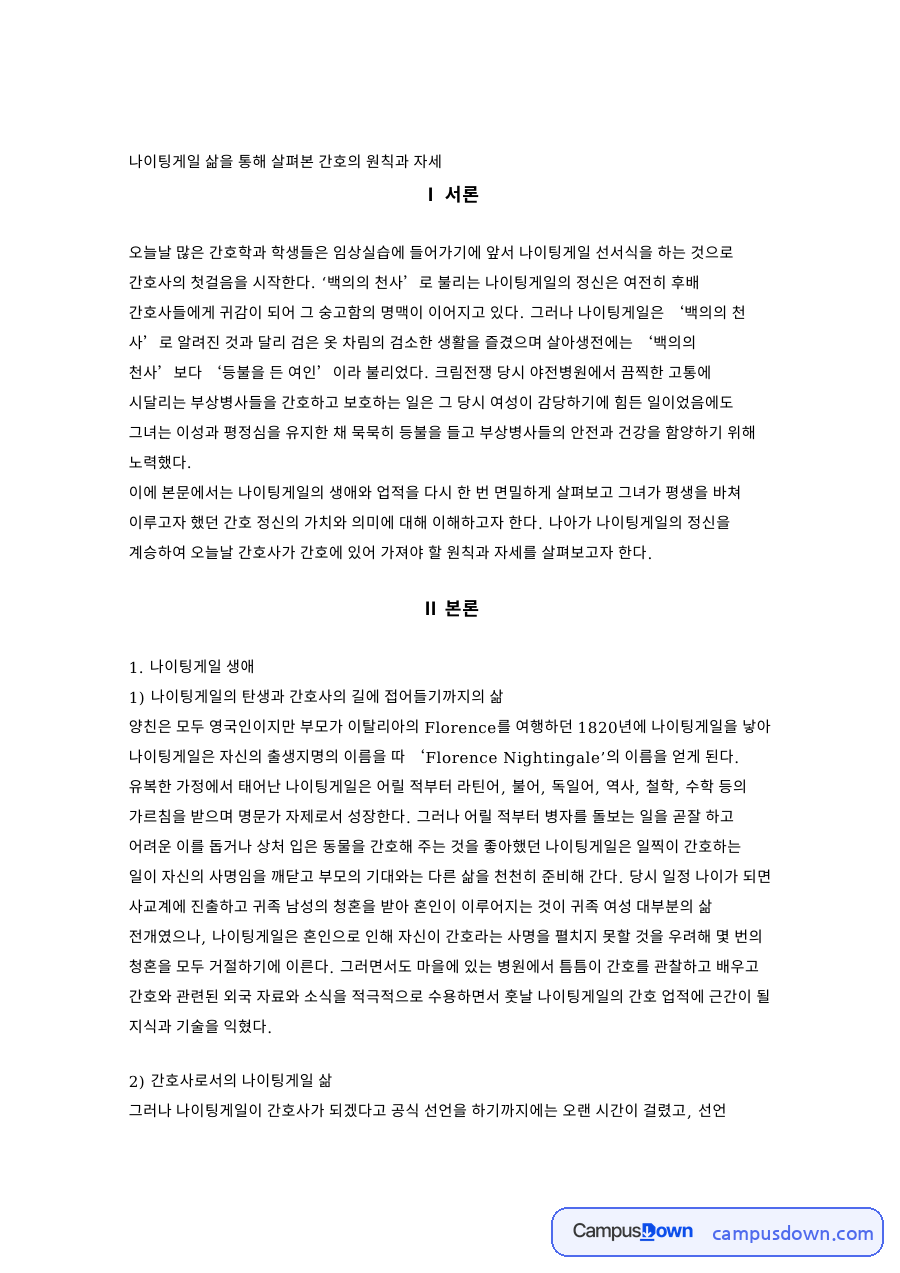 간호학 과제 - 나이팅게일의 생애와 크림전쟁 활동, 간호 정신의 의미 자료의 첫 페이지 미리보기