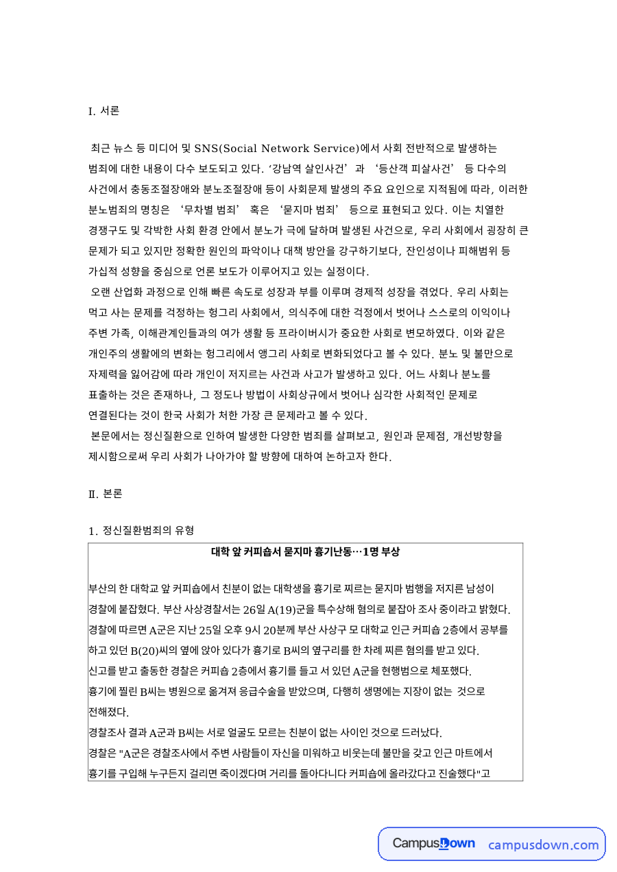 정신질환범죄의 유형과 유형별 원인과 개선방안 자료의 첫 페이지 미리보기