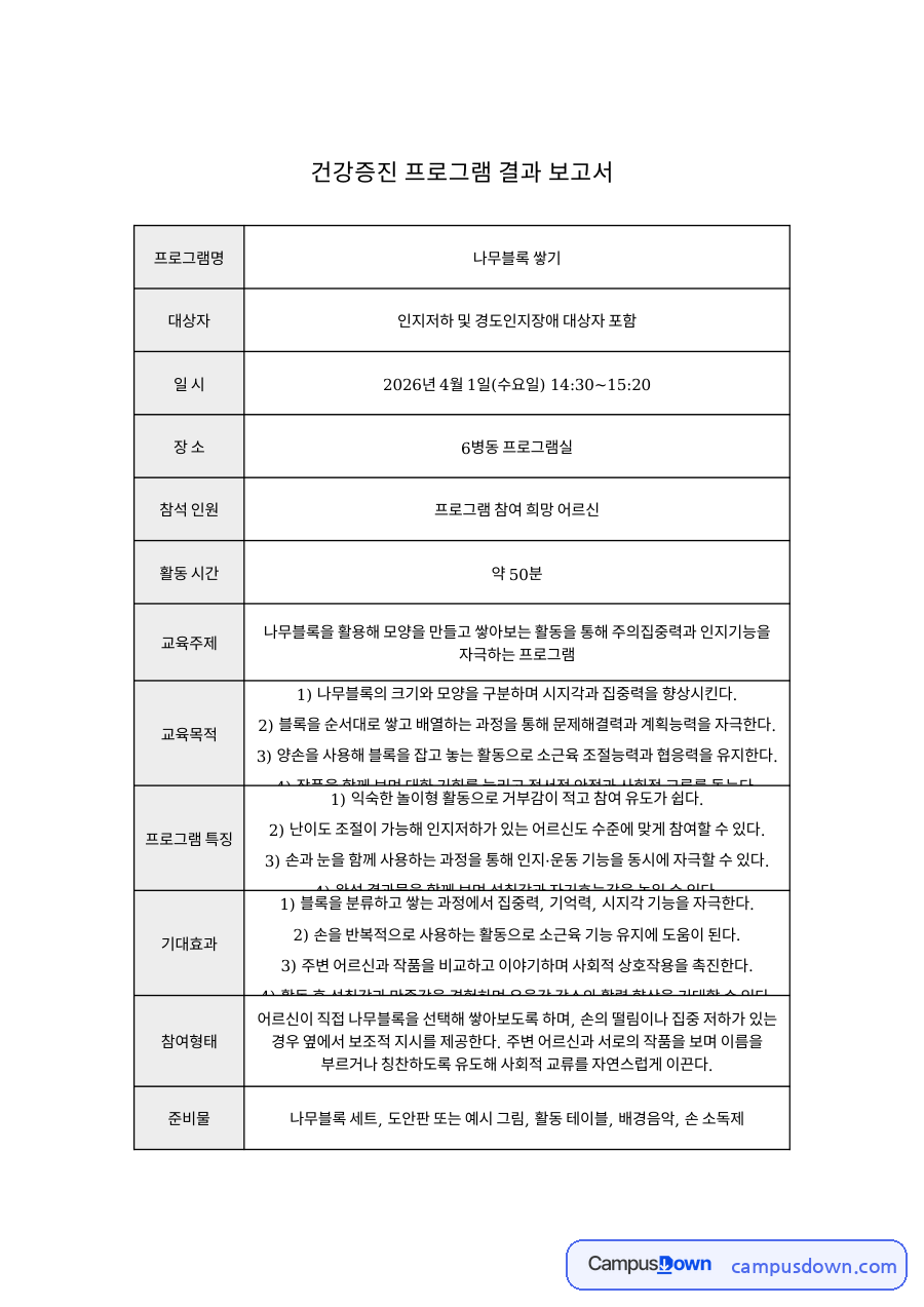 인지저하 노인 건강증진 프로그램 결과보고서 – 나무블록 쌓기 자료의 첫 페이지 미리보기