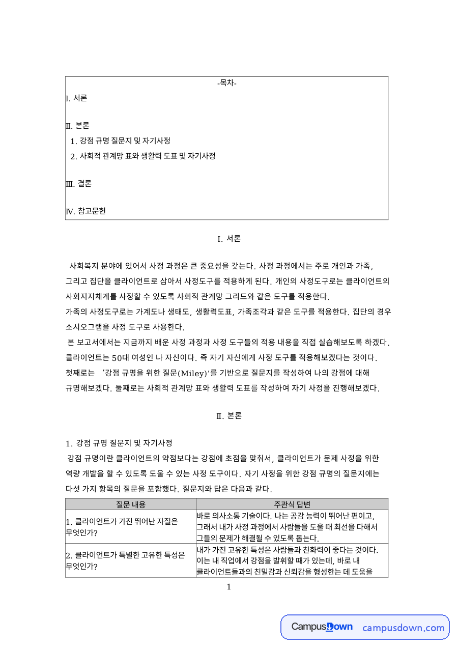 강점 규명 질문지 및 자기사정 핵심 개념과 주요 내용 정리 자료의 첫 페이지 미리보기