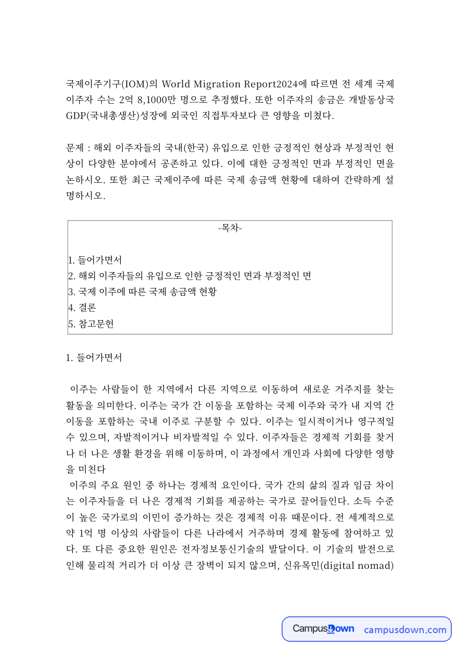 국제 이주자 증가의 긍정적·부정적 영향과 국제 송금액 현황 자료의 첫 페이지 미리보기