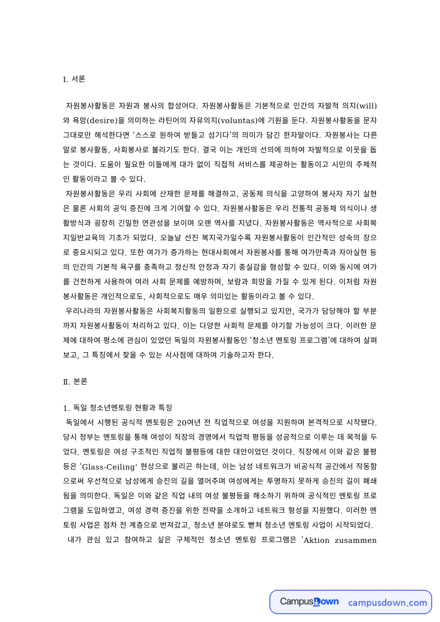 독일 청소년멘토링의 현황과 특징 – 자원봉사 활성화 시사점 자료의 첫 페이지 미리보기