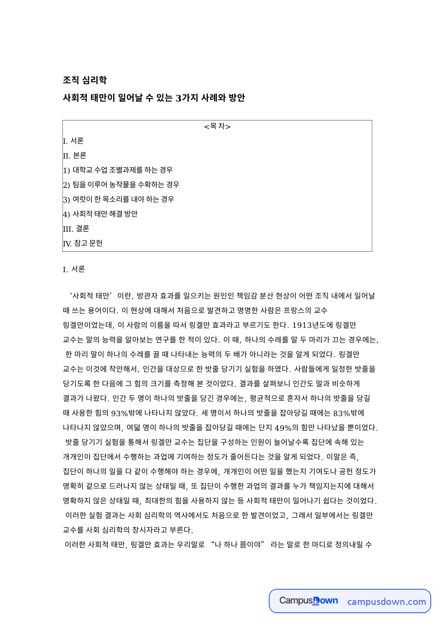 사회적 태만이 일어날 수 있는 3가지 사례와 방안 핵심 내용 요약 정리 자료의 첫 페이지 미리보기