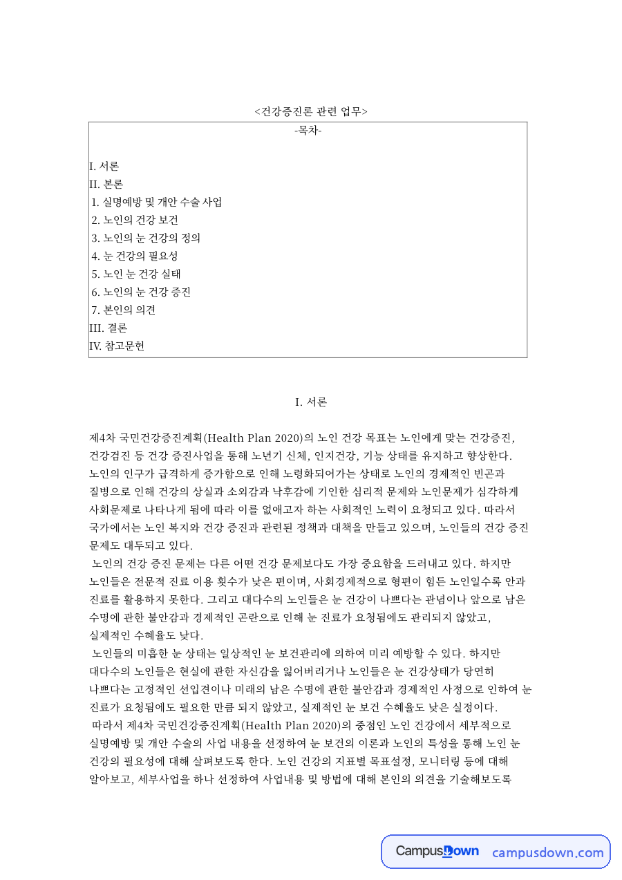 건강증진론 관련 업무와 실명예방 및 개안 수술 사업 자료의 첫 페이지 미리보기