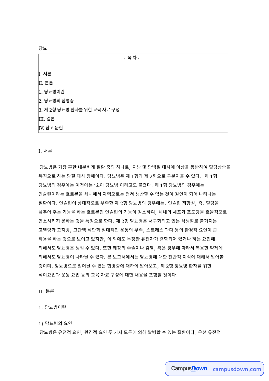 제2형당뇨병 교육자료 구성, 당뇨병의 요인과 합병증 정리 자료의 첫 페이지 미리보기