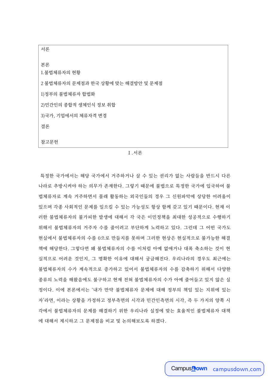 불법체류자의 현황: 국가·중소기업 중심 핵심 내용 정리 자료의 첫 페이지 미리보기