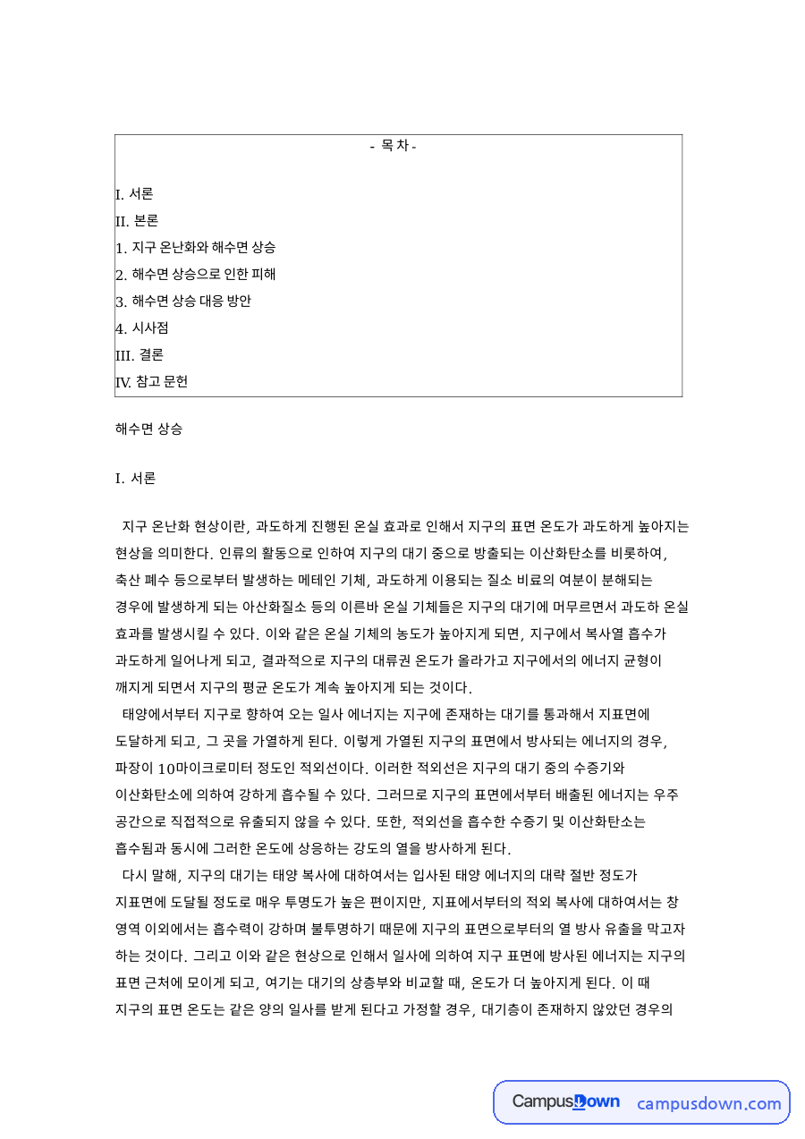 해수면 상승 지구 온난화 온실효과 온실기체 원인과 피해 정리 자료의 첫 페이지 미리보기