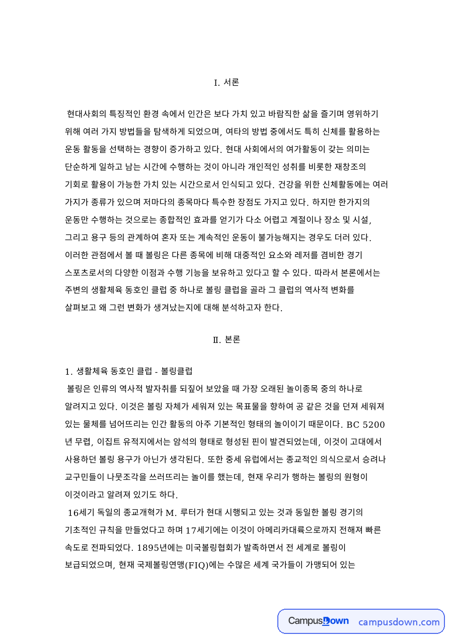 볼링 클럽 역사와 이점, 생활체육 볼링 동호인 분석 정리 자료의 첫 페이지 미리보기