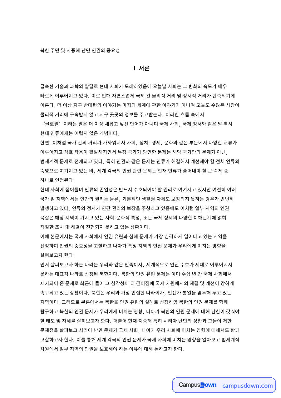 북한 주민 및 지중해 난민 인권의 중요성 핵심 내용 요약 정리 자료의 첫 페이지 미리보기