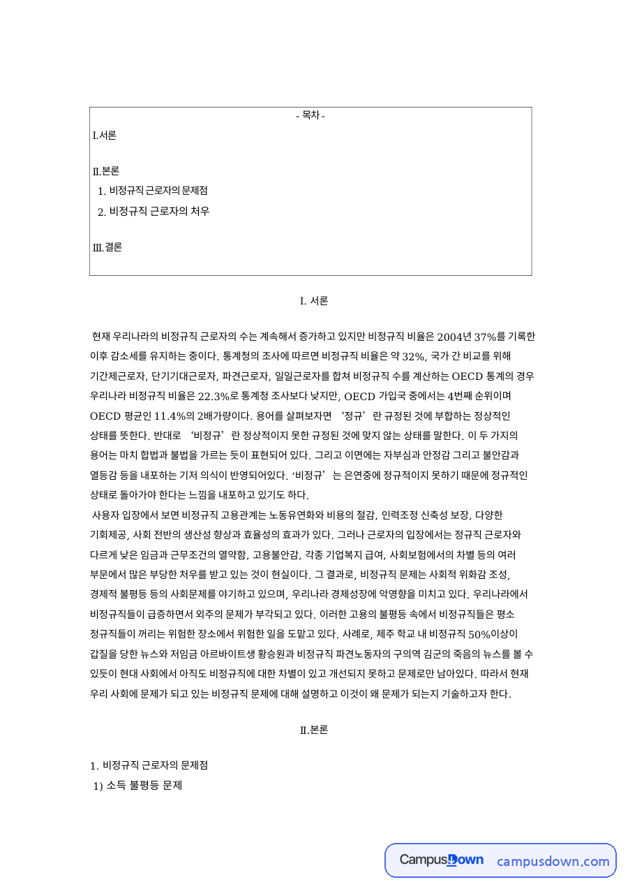 비정규직 근로자의 문제점 핵심 개념과 주요 내용 정리 자료의 첫 페이지 미리보기