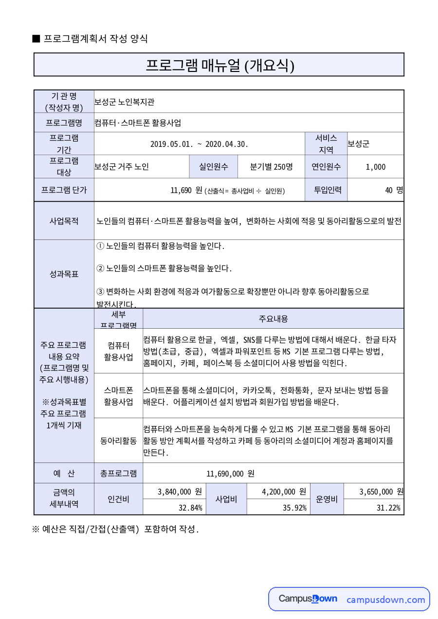 노인복지관·실인원수 관련 문서 서식 양식 예시 자료의 첫 페이지 미리보기