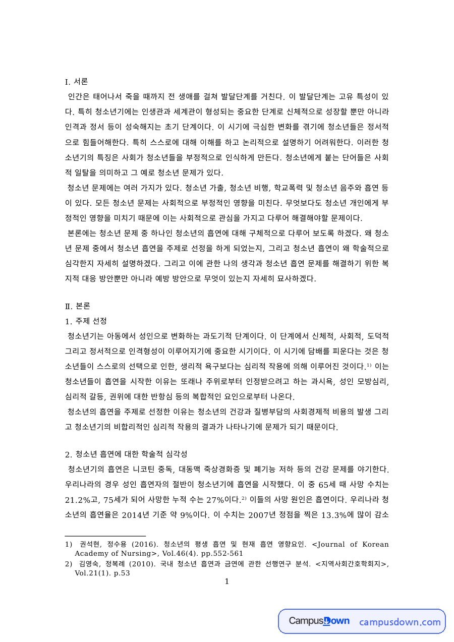 청소년문제 과제 – 청소년 흡연의 심각성과 나의 생각 자료의 첫 페이지 미리보기