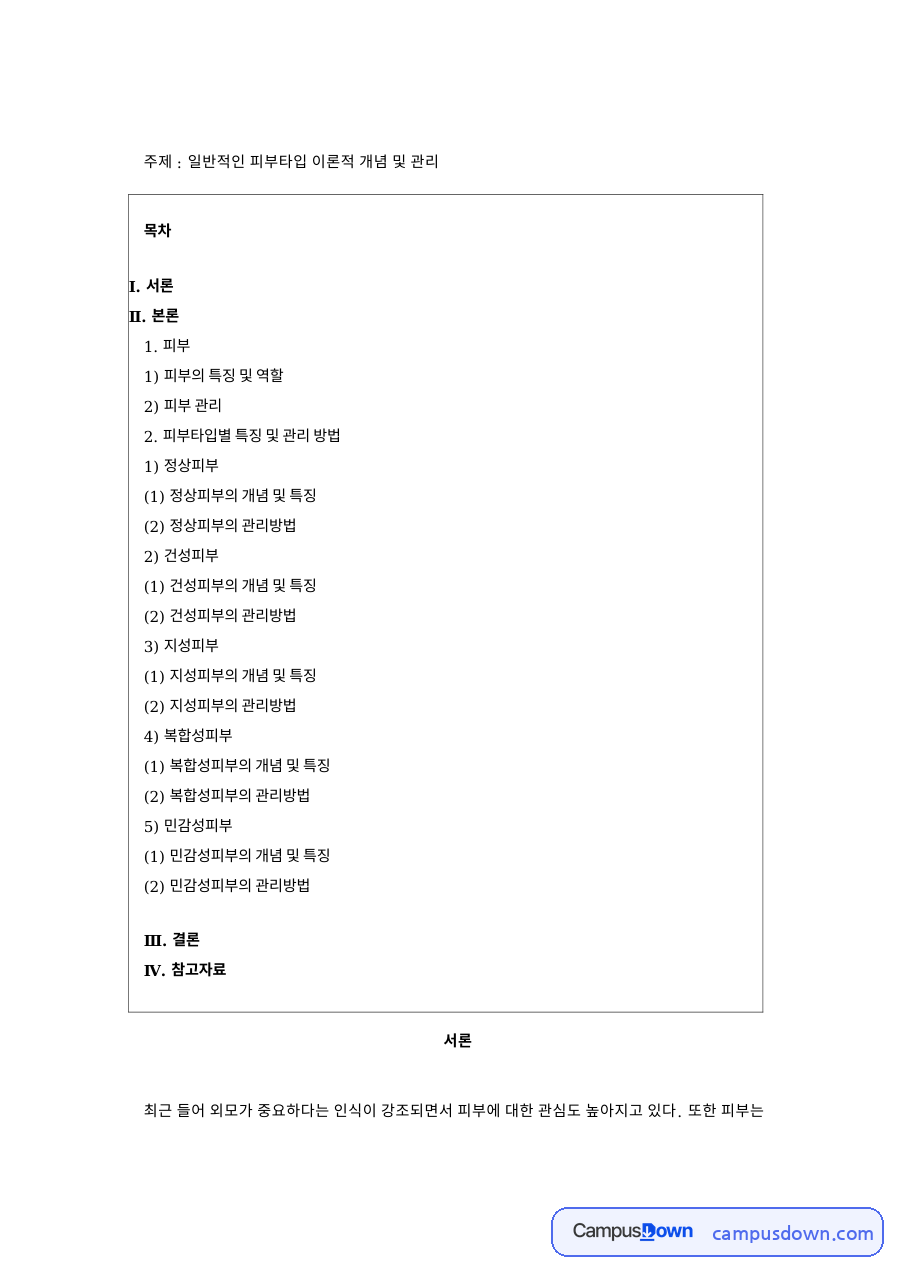 일반적인 피부타입 이론적 개념 및 관리 핵심 내용 요약 정리 자료의 첫 페이지 미리보기