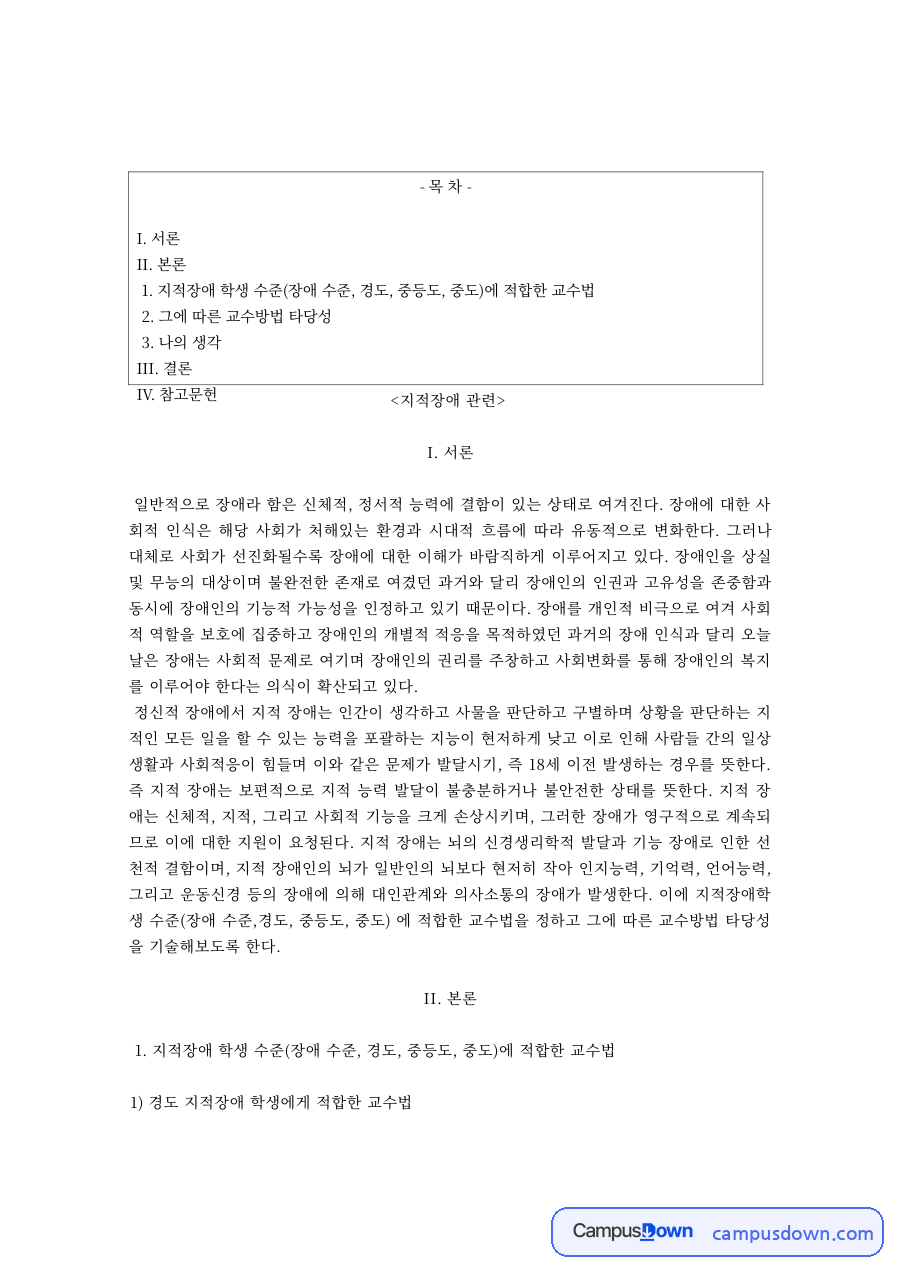 지적장애 정도별 교수법 – 경도·중등도·중도 지적장애 학생 지도 자료의 첫 페이지 미리보기