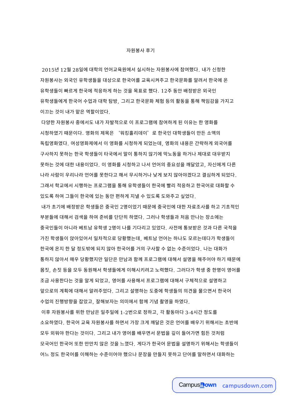 자원봉사 후기 자료의 첫 페이지 미리보기