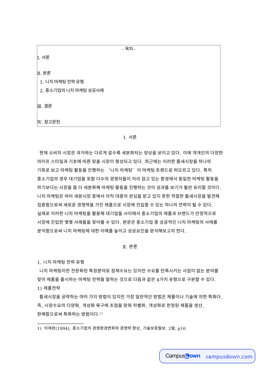 니치 마케팅 전략 유형 핵심 개념과 주요 내용 정리 자료의 첫 페이지 미리보기