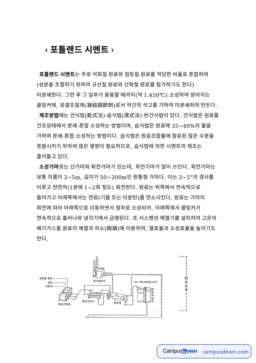 포틀랜드 시멘트의 원료와 수화반응 자료의 첫 페이지 미리보기