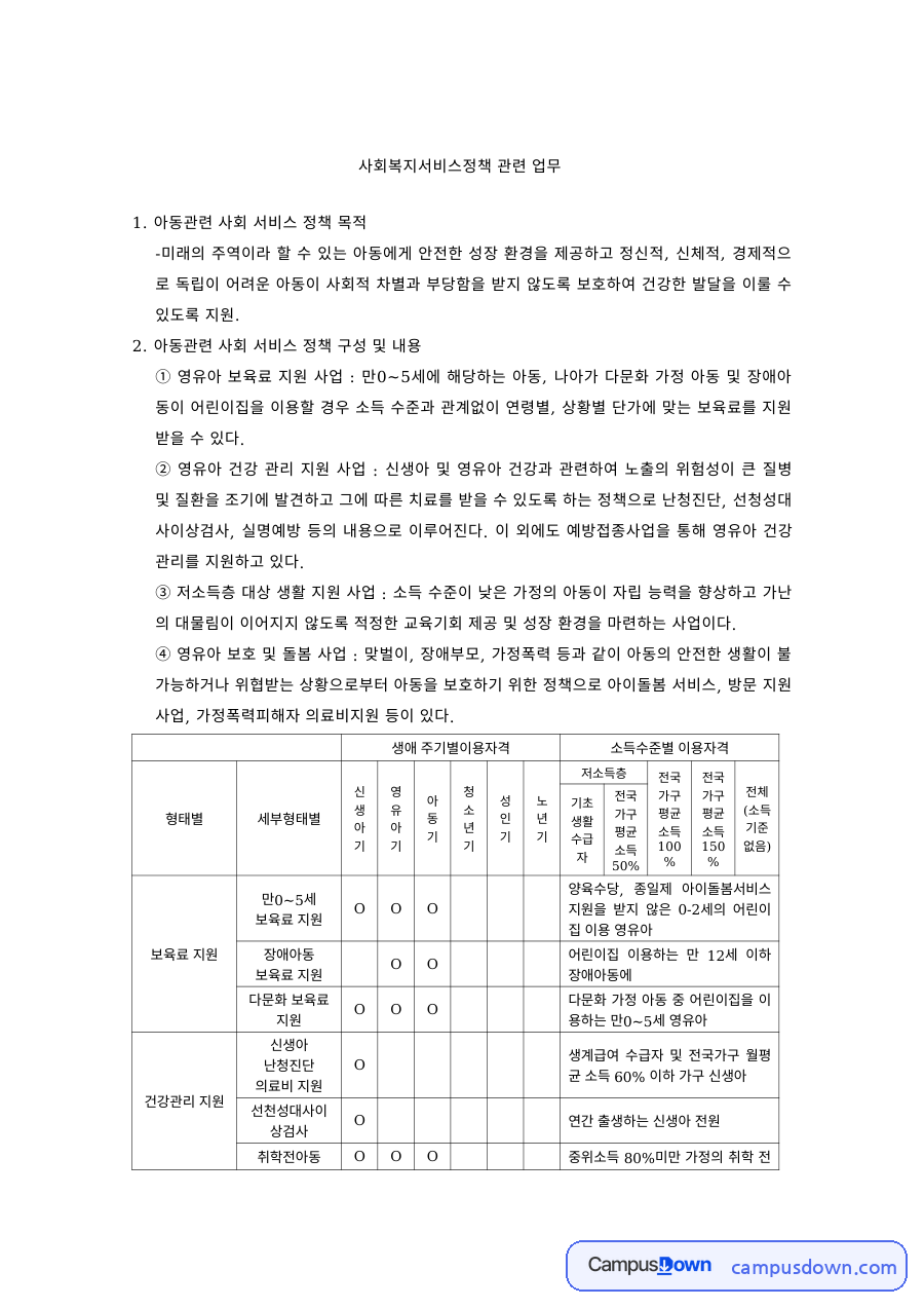 사회복지서비스정책 과제 – 아동관련 사회서비스 정책 구성 자료의 첫 페이지 미리보기