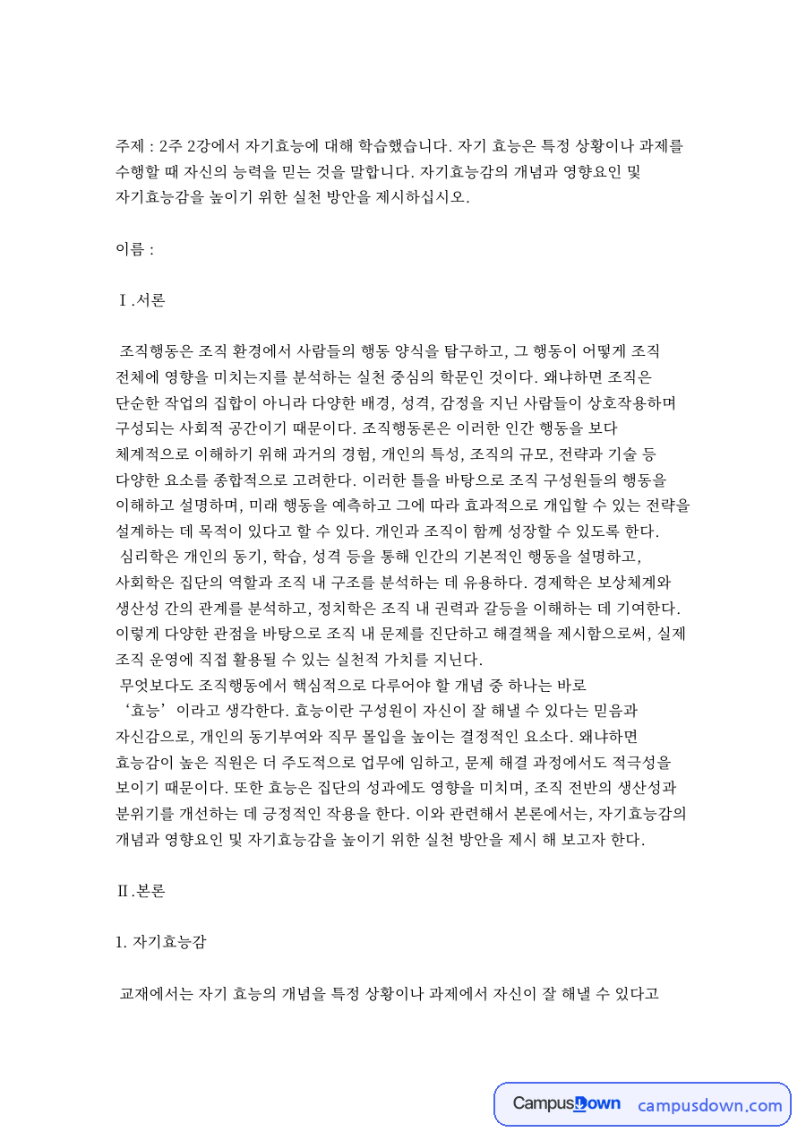 자기효능감과 조직 성과 – 조직행동론 자료의 첫 페이지 미리보기