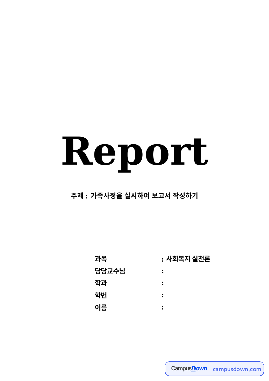 가족사정을 실시하여 보고서 자료의 첫 페이지 미리보기