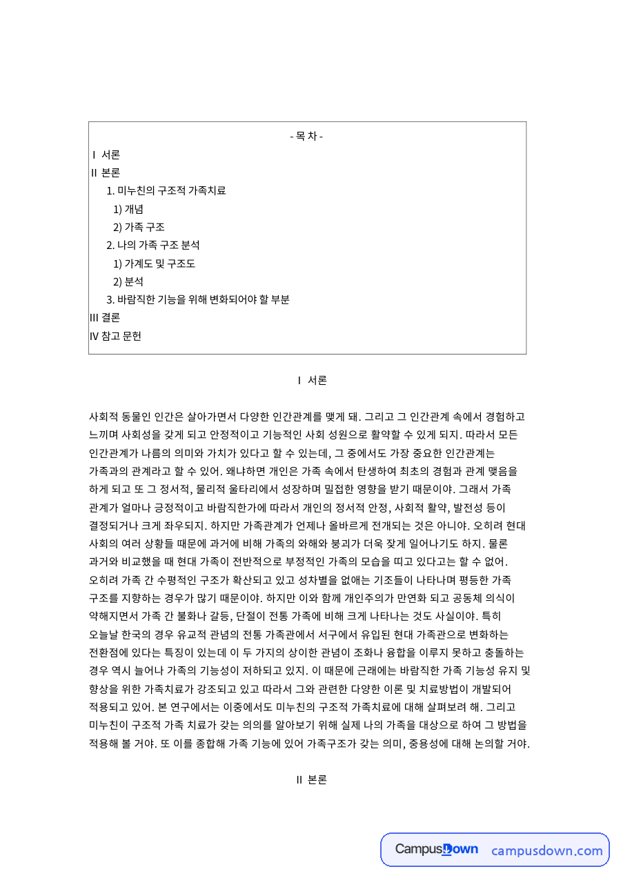 가계도 분석과 미누친 구조적 가족치료, 나의 가족 구조 적용 자료의 첫 페이지 미리보기