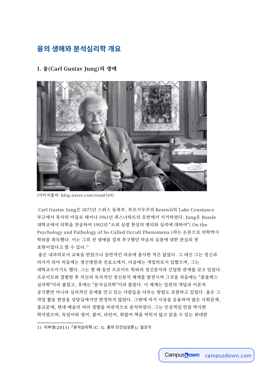 융의 생애와 분석심리학 개요 자료의 첫 페이지 미리보기