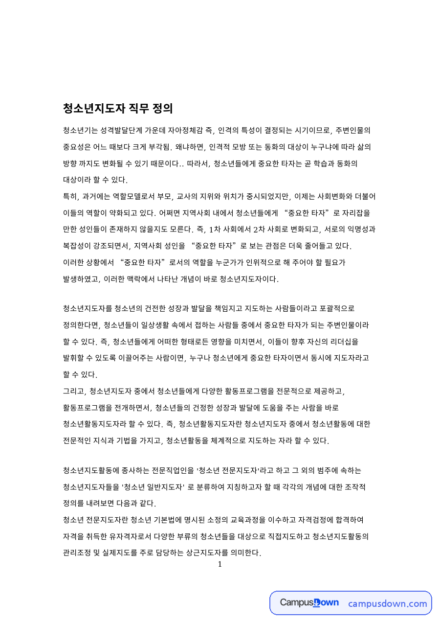 청소년지도자와 로서, 청소년활동 관련 핵심 내용 요약 정리 자료의 첫 페이지 미리보기