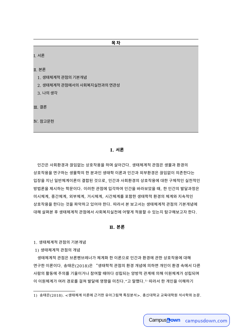 생태체계적 관점의 기본개념 자료의 첫 페이지 미리보기