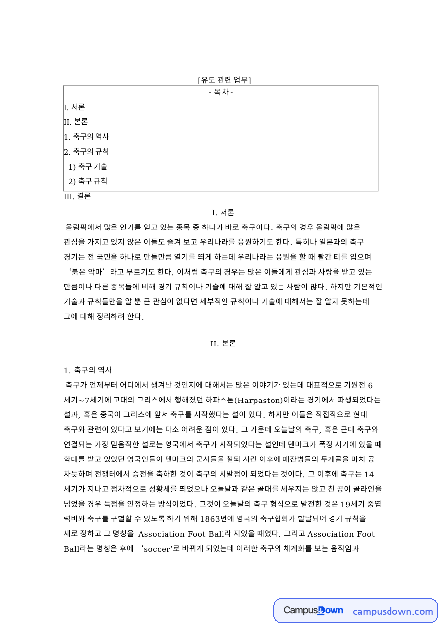 축구 규칙과 역사, 옐로카드 레드카드와 기본 기술 정리 자료의 첫 페이지 미리보기