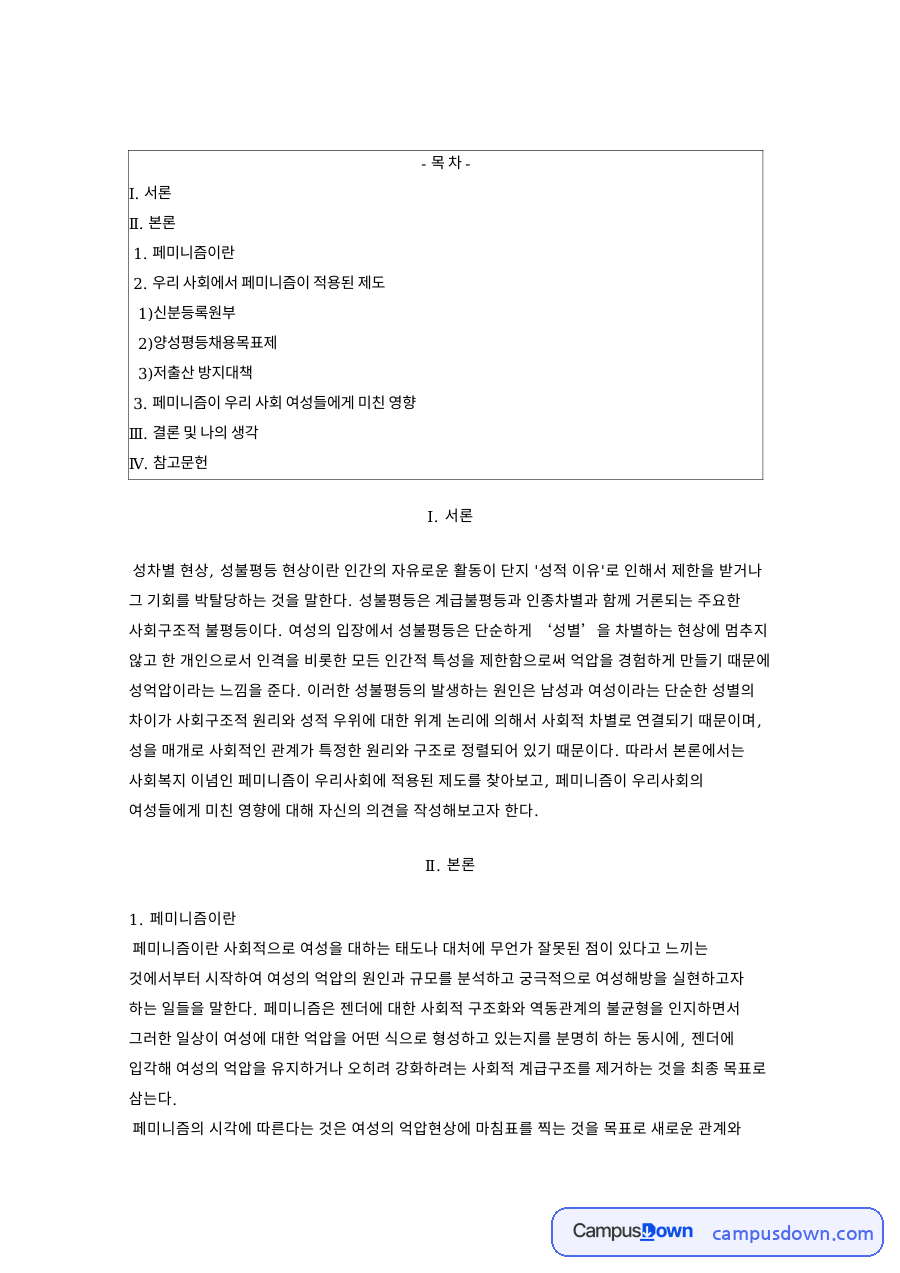 페미니즘: 여성·양성평등 중심 핵심 내용 정리 자료의 첫 페이지 미리보기