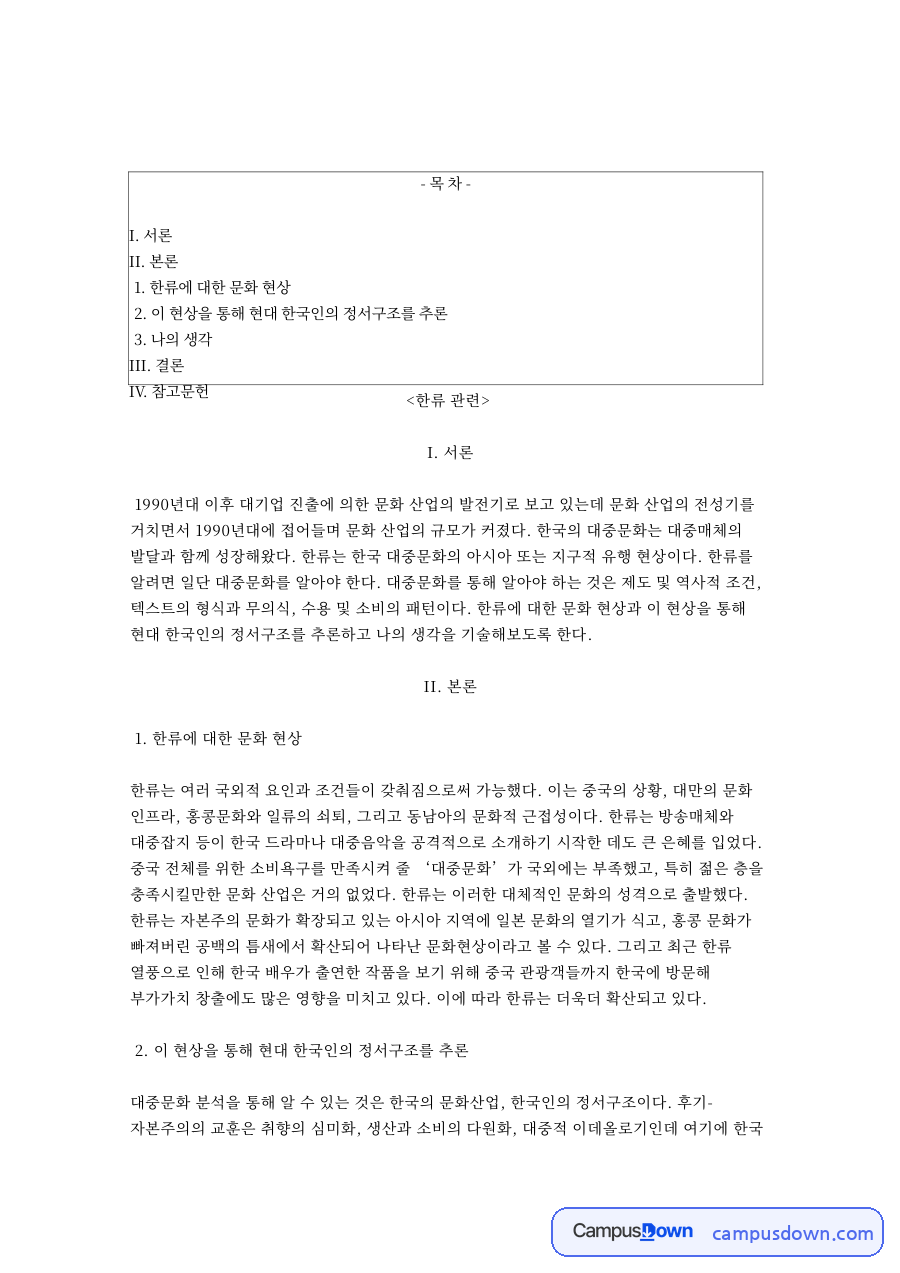 한류와 대중문화, 한국인 관련 핵심 내용 요약 정리 자료의 첫 페이지 미리보기