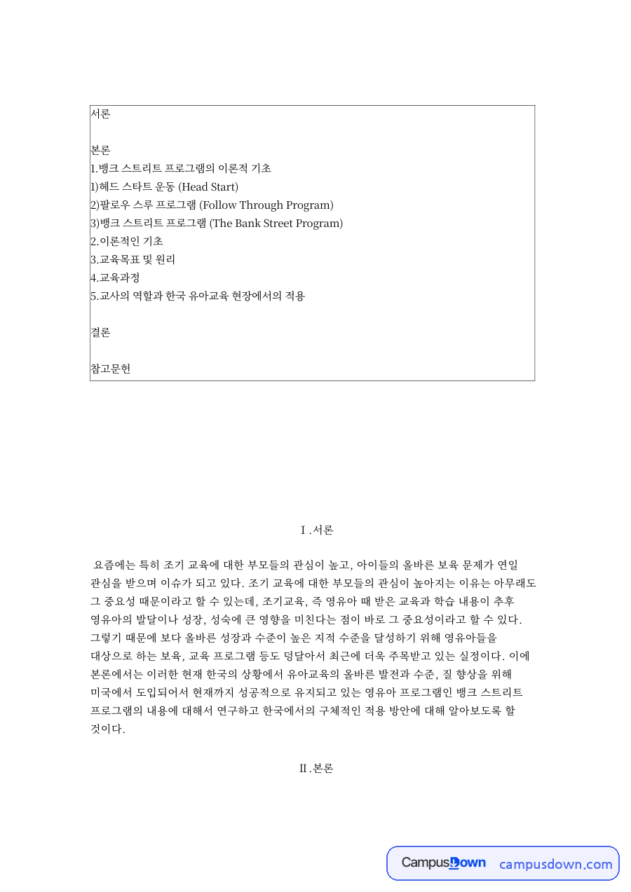 뱅크 스트리트 프로그램의 이론적 기초 핵심 내용 요약 정리 자료의 첫 페이지 미리보기