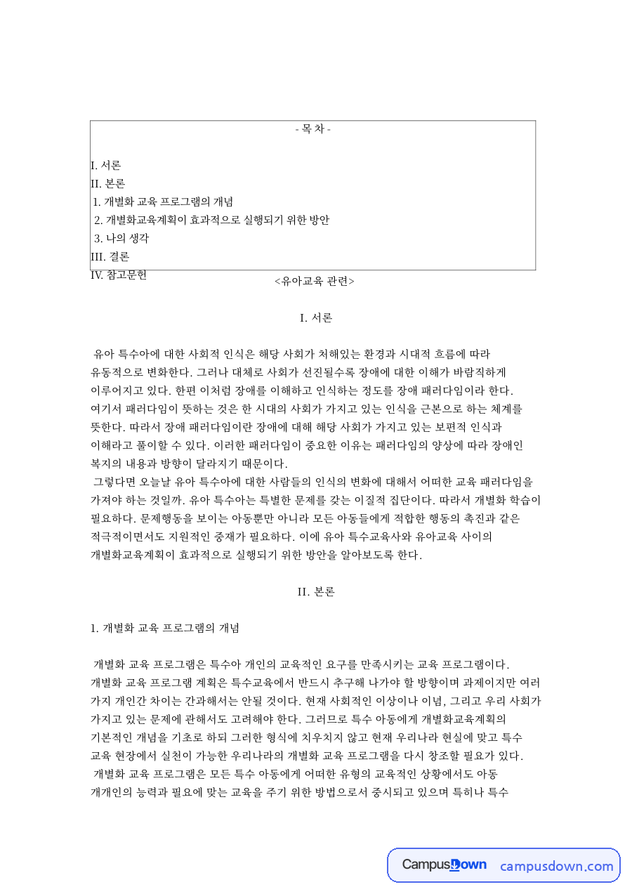 개별화 교육 프로그램의 개념 자료의 첫 페이지 미리보기